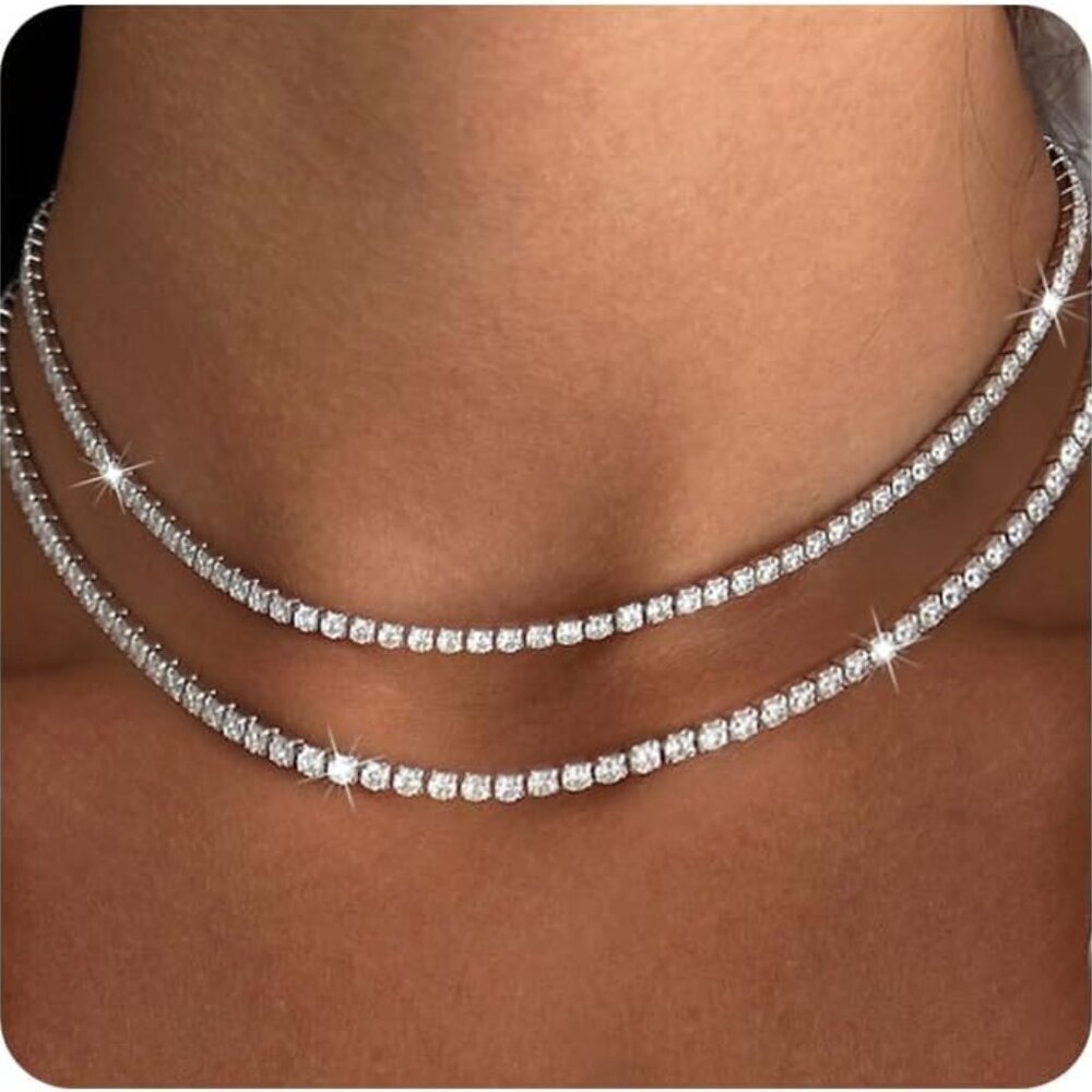 Women's Double Layer Tennis Necklace Silver Gold CZ Dainty Adjustable Lightweigh